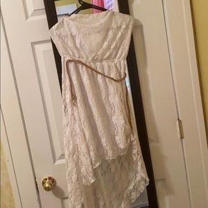 Off the shoulder, belted, white lace dress